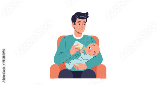 Father feeding baby bottle while sitting in armchair illustration