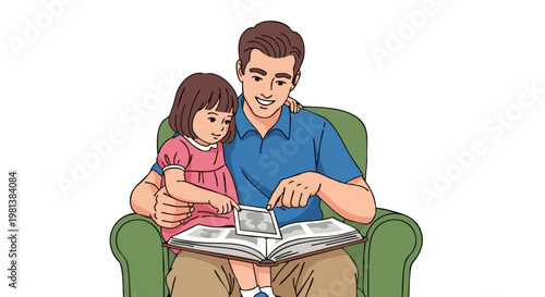 Father and daughter looking at a photo album, sharing memories in a cozy setting, family bonding moment
