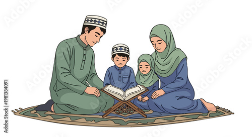 Muslim family reading holy book together. Parents and children learning from religious text on a prayer mat