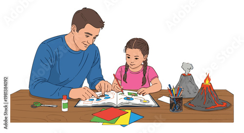 Father and daughter doing school project with volcanoes and crafts. Educational activity at home
