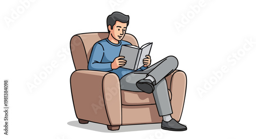 Man reading a book in an armchair illustration