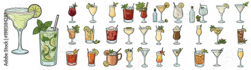 Colorful Hand-Drawn Doodle Graphic and Vector Icon Set: Assorted Delicious Cocktails and Mixed Drinks Isolated on White