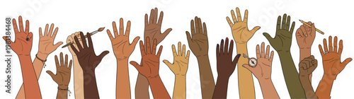 Horizontal Vector Doodle Illustration Design: Diverse Multi-Ethnic Hands Raised up Holding Writing Tools Isolated on White