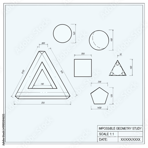 Technical Engineering Blueprint with Geometric Shapes and Dimensions