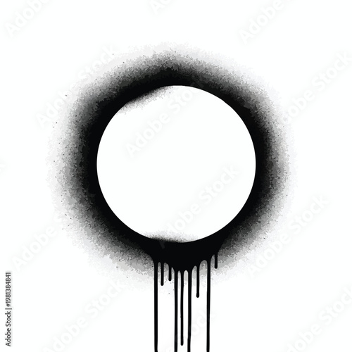 Abstract Black Spray Paint Circle with Drips on White Background