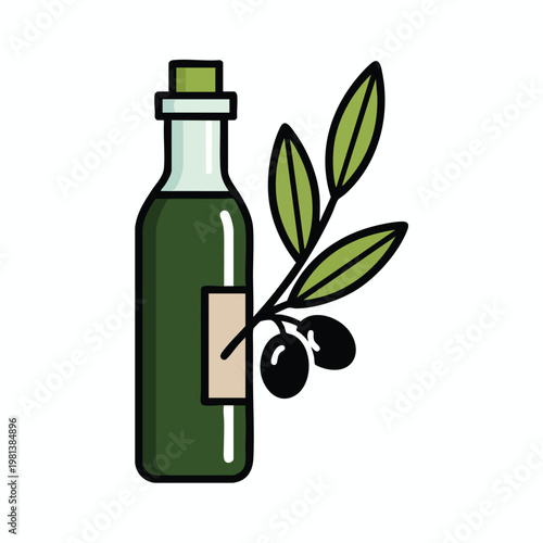 Elegant Olive Oil Bottle with Fresh Olive Branch for Cooking and Food Preparation