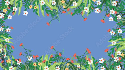 Beautiful Wildflower Frame with Green Leaves on Light Blue Background