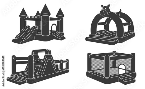 Black and white silhouette vector set of inflatable bounce house, jumping castle, and obstacle course icons for kids playground