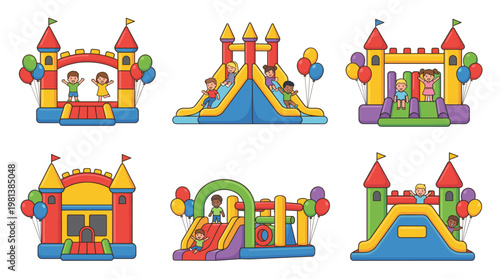 Colorful Jumping Castle Bounce House Vector Set with Happy Kids, Balloons, and Inflatable Slides for Playground Birthday Party