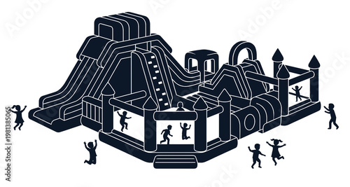 Monochrome Silhouette Inflatable Bounce House Vector Illustration with Giant Water Slide, Obstacle Course, and Jumping Kids