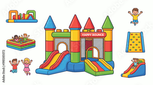 Colorful Kids Inflatable Bounce House Vector Set with Slide, Ball Pit, and Jumping Castle for Children Playground Amusement Par
