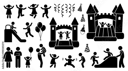 Barking dog vector elements omitted in this happy children playground bouncy castle birthday party silhouette illustration featuring kids playing