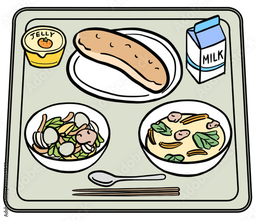 紙パック牛乳とパンの給食メニュー　イラスト