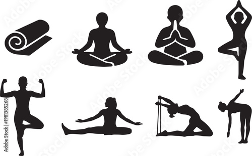 Yoga Poses and Meditation Silhouette Set for Wellness and Fitness Design