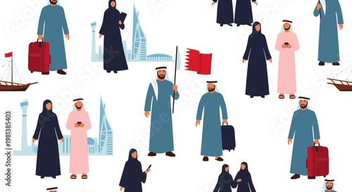 Bahraini People Travel Seamless Pattern Vector Illustration Featuring Traditional Clothing and Iconic Skyline Landmarks for Cultural Tourism and Holiday Design