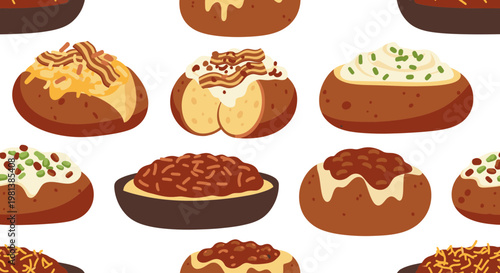 Baked Potato Seamless Pattern Vector Illustration Featuring Various Toppings Like Cheese Bacon Sour Cream and Chili for Culinary Backgrounds and Food Packaging Design