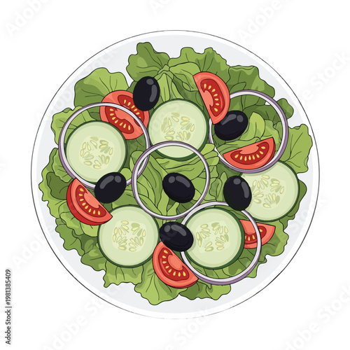 Fresh Garden Salad with Cucumber Tomato Olives and Lettuce
