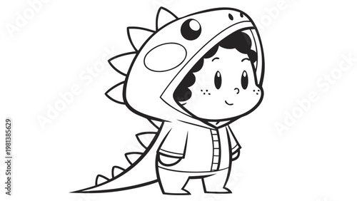 Cute Cartoon Boy in Dinosaur Costume Outline for Children Coloring Page