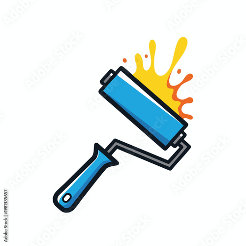 Close up of paint roller with colorful paint splash on white background