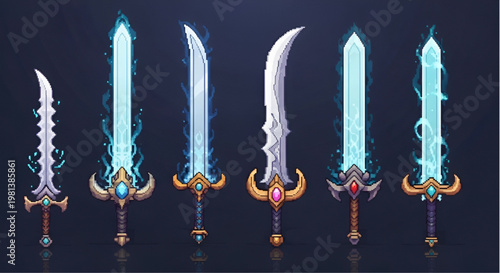 Set of Enchanted Magic Swords with Blue Fire and Energy Aura Pixel Art