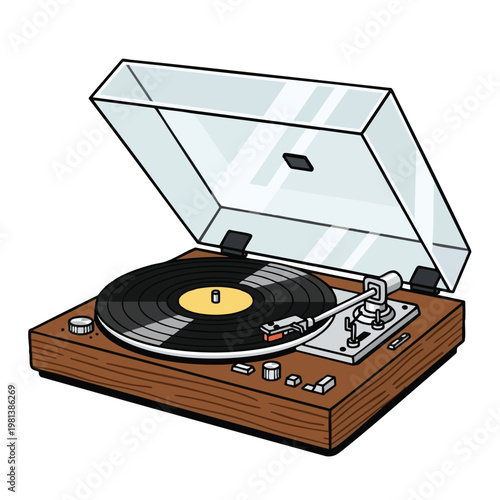 Vintage Turntable Player with Vinyl Record and Dust Cover for Retro Music Enthusiasts