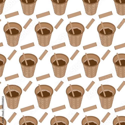 Coffee in disposable paper cup with stirring and sugar stick Seamless Pattern Coffee Day Background. Isolated Vector illustration Coffee Packing design backdrop, wallpaper, digital, paper, post, promo