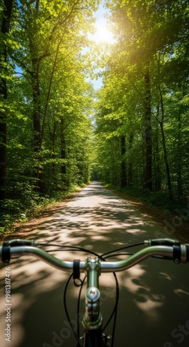 A direct perspective view from a bicycle handlebar, looking down a paved sunlit path winding through a lush green forest at daytime, forest, pov, active