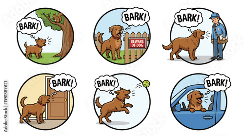 Cute cartoon brown dog barking at various everyday situations like mailman, squirrel, and car vector illustration set