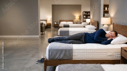 Man relaxing on mattress in modern bedroom showroom  