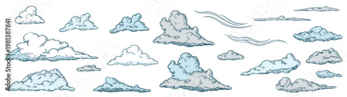 Vector illustration set of hand drawn sketch clouds isolated on white