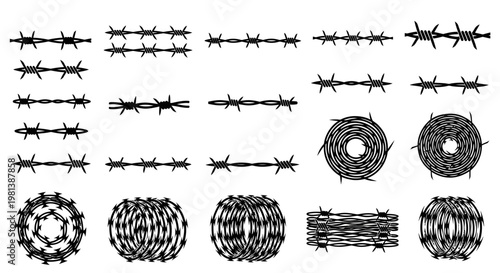 Barbed Wire Collection Vector Illustration, Set of Sharp Metal Fencing Elements and Coiled Razor Wire Spirals for Security Design and Industrial Border Graphics