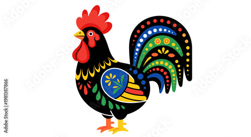 Barcelos Rooster Vector Illustration Featuring Traditional Portuguese Folk Art Style with Vibrant Colorful Decorative Patterns Isolated on White Background