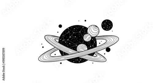 Abstract celestial body with cosmic rings, multiple moons, and stars vector illustration. Hand-drawn space art in black and white.