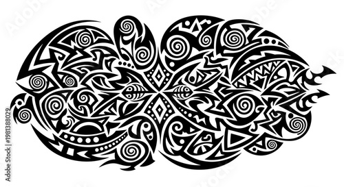 Intricate black tribal pattern design with abstract swirls, sharp angles, and geometric shapes on white background, decorative art element