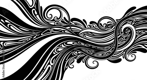 Abstract black and white flowing swirl pattern. Organic decorative background with intricate curves and ornamental lines.