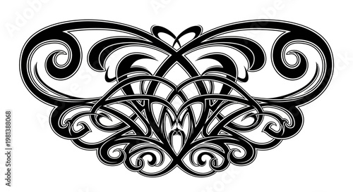 Elegant Black and White Symmetrical Ornate Scrollwork Flourish Vector Design Element. Abstract Decorative Graphic Pattern with Swirling Details.