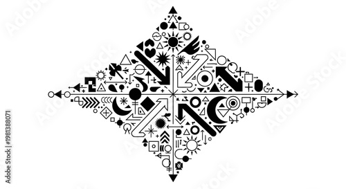 Complex abstract geometric pattern composed of diverse icons and symbols, arranged in a striking diamond shape, black and white digital art.