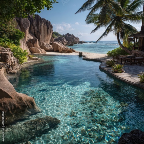 Tropical Oceanfront Pool Side Beach Scene with Palm Trees and Rocky Coastline