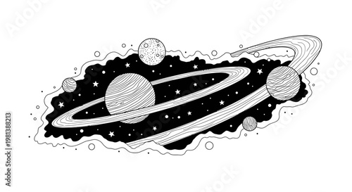 Intricate monochrome hand-drawn cosmic illustration of a galaxy with planets, planetary rings, and sparkling stars.