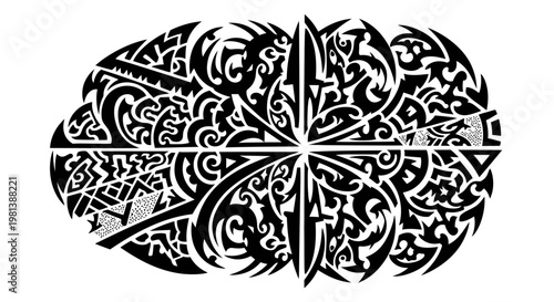Intricate Abstract Tribal Style Black and White Vector Graphic Design Element. Decorative Ornamental Pattern for Tattoos.