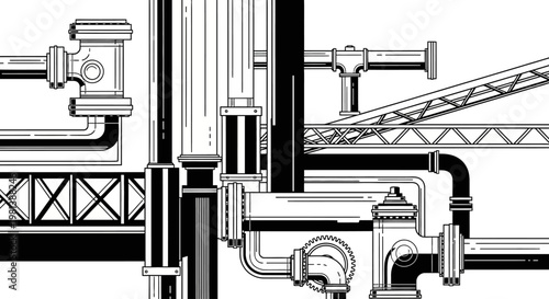 Complex industrial pipe system illustration, black and white mechanical infrastructure network with valves and structural elements, abstract plumbing graphic.