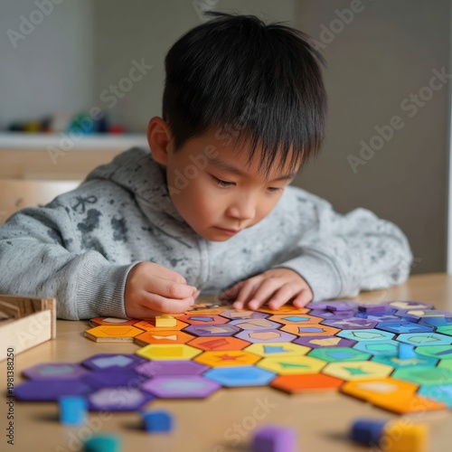 Young Boy Playing with Colorful Geometric Puzzle on Wooden Table in Bright Room