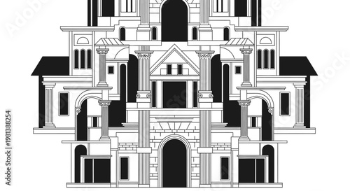 Intricate classical baroque architectural facade illustration. Grand symmetrical building design with columns, arches, and detailed ornamentation.