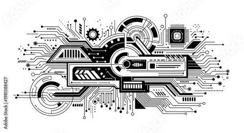 Abstract Futuristic Technology Background with Digital Circuit Board Pattern and Data Flow Elements Vector Illustration
