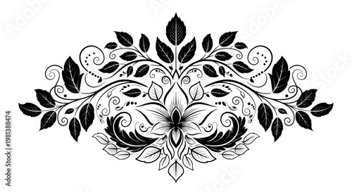Elegant ornate black and white floral design with leaves and scrolls. Vintage decorative flourish element for graphic projects.
