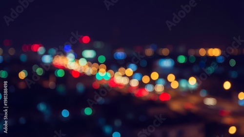 Abstract Cityscape Bokeh Lights at Night with Vibrant Urban Glow.