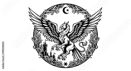 Majestic Griffin Mythical Creature Illustration with Widespread Wings in Ornate Circular Frame, Fantasy Heraldic Engraving Style