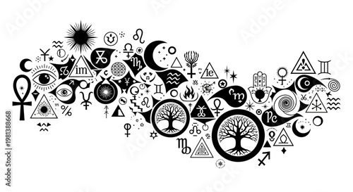 Intricate Wave of Esoteric and Occult Symbols: Alchemy, Astrology, Magic, Mysticism, Spirituality, Vector Design Element