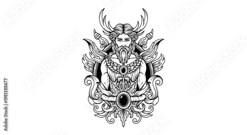 Intricate black and white vector art of a mythical warrior with antlers, beard, ornate armor, and decorative wings. Fantasy crest illustration.