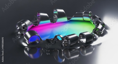 Molten liquid chrome surface peeling back in delicate ribbons to reveal a vibrant pulsing neon glow from a mysterious deep internal energy, depth, silver, high-tech